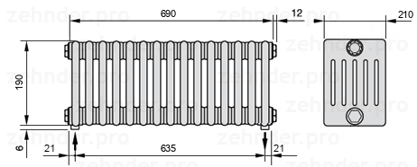 Схема (чертеж) Радиатор Zehnder Charleston 6019/15 №3570 Белый глянцевый RAL 9016
